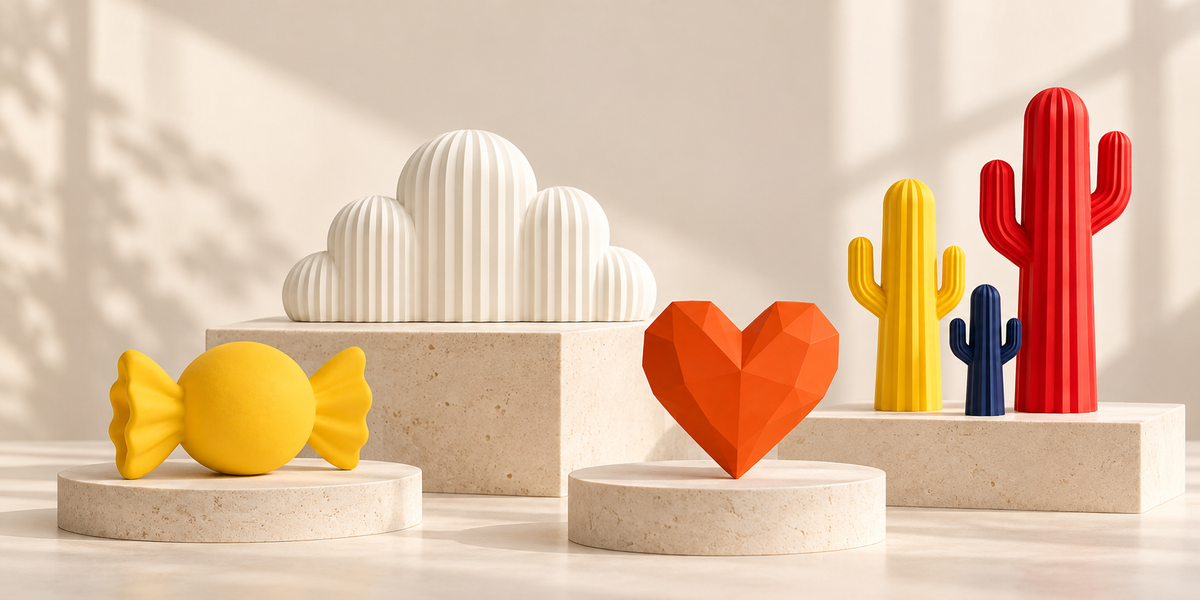 Bonbon, nuage, cœur géométrique et cactus décoratifs en impression 3D