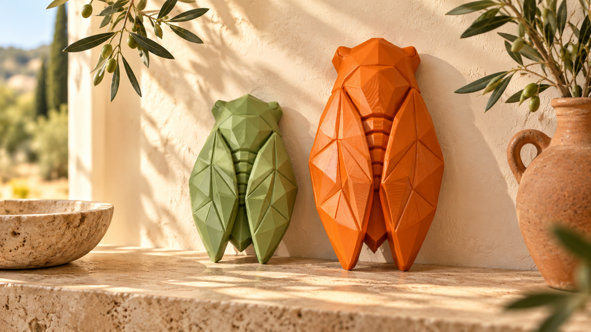 Deux cigales décoratives en impression 3D, vert sauge et terracotta, dans un intérieur provençal