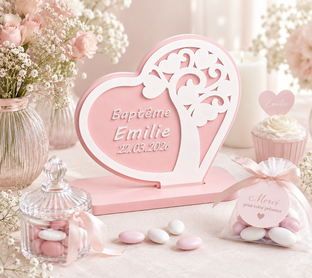 Décoration Baptême Personnalisée Imprimée 3D – Prénom & Date au choix