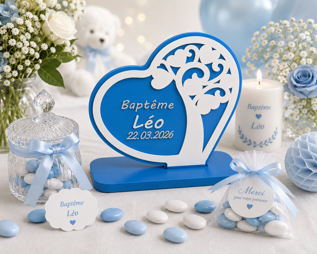 Décoration Baptême Personnalisée Imprimée 3D – Prénom & Date au choix