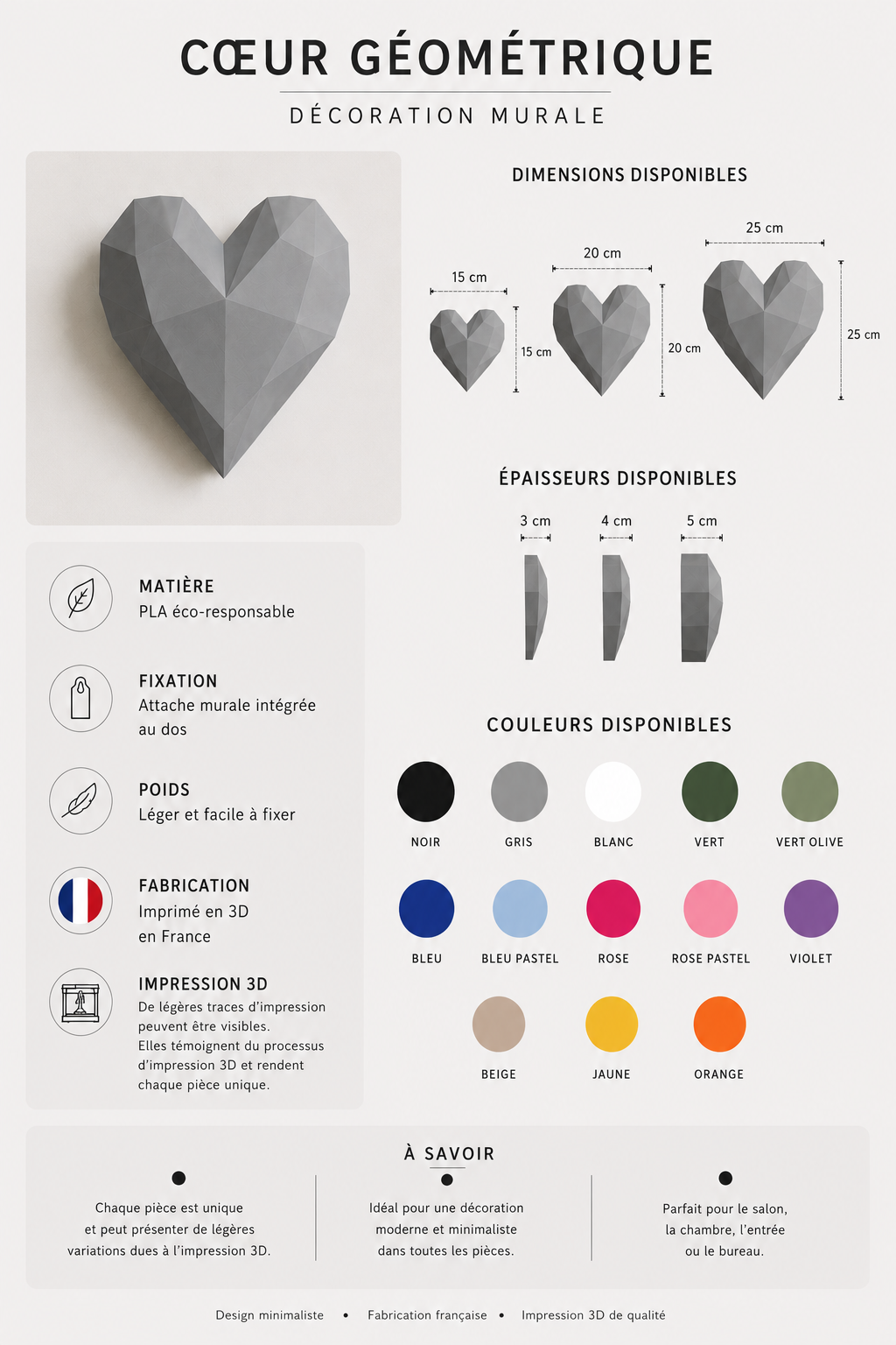 Volo Cœur  Mural 3D – Décoration Murale Moderne | Plusieurs Tailles & Couleurs