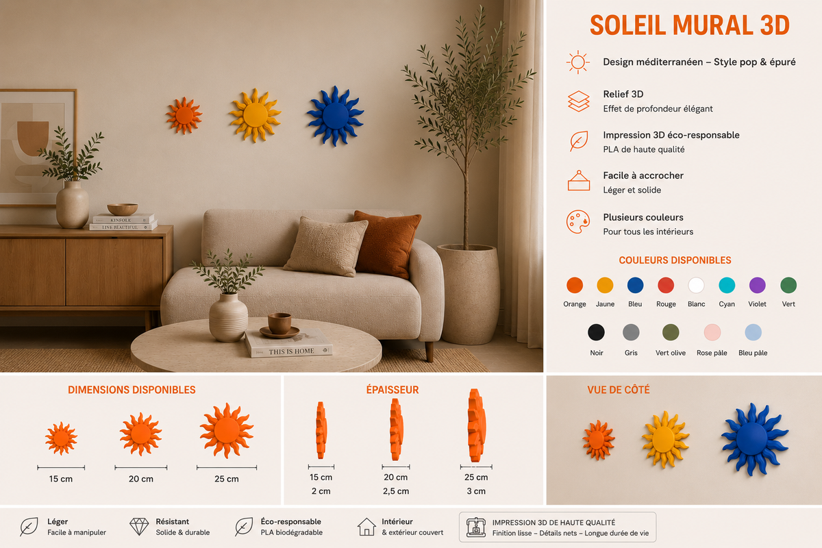 Soleil mural 3D disponible en plusieurs tailles pour décoration maison