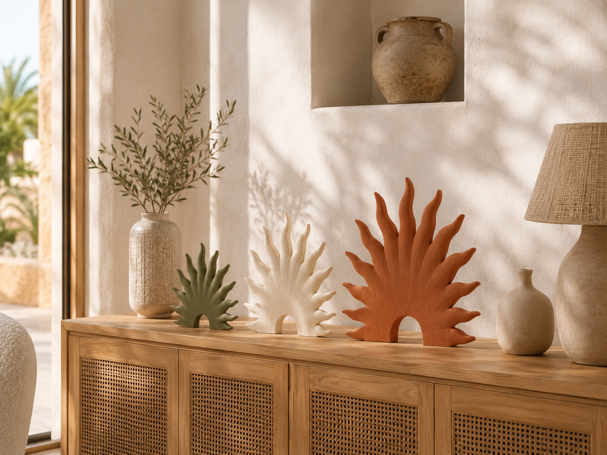 Sculpture soleil décorative moderne à poser sur une console ou une étagère